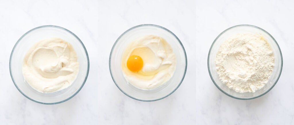 A glass bowl with the wet ingredients to make chocolate chip ricotta cookies.