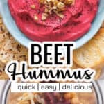 Beet hummus in a blue bowl.