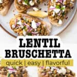 Lentil bruschetta over a white background.