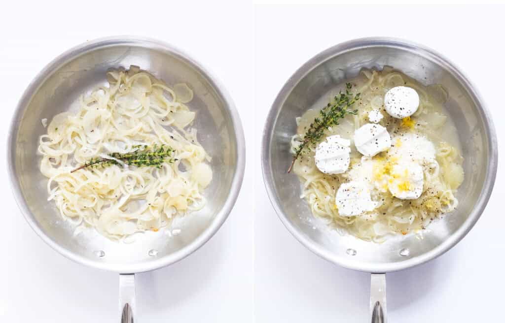 Top view of a skillet with the goat cheese sauce ingredients.